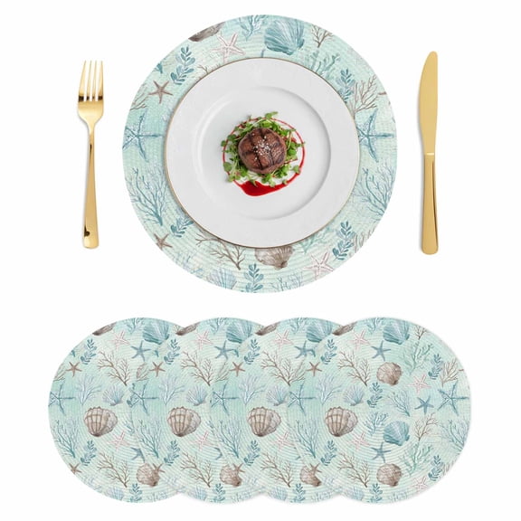 Turquoise Coastal Round 13 Inch Placemats Set of 4, Nautical Beach Ocean Starfish Coral Shells HeatResistant Non Slip Place Mats for Dining Table, Wipeable Braided Kitchen Table Mats for Housewarming