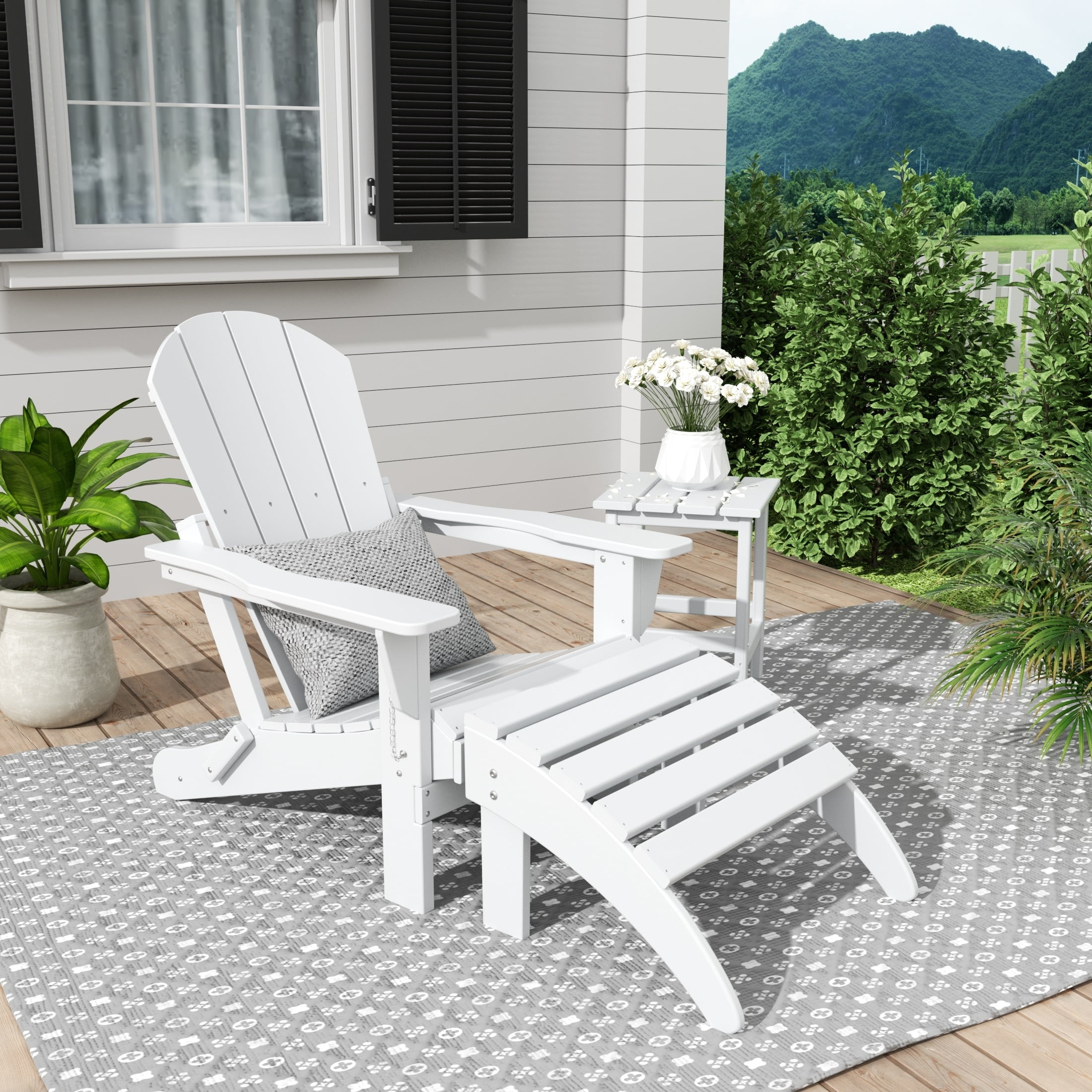 Polytrends  Laguna Hdpe All Weather Outdoor Patio Foldable Adirondack Chair With Ottoman And Side Table (3-Piece Set) White