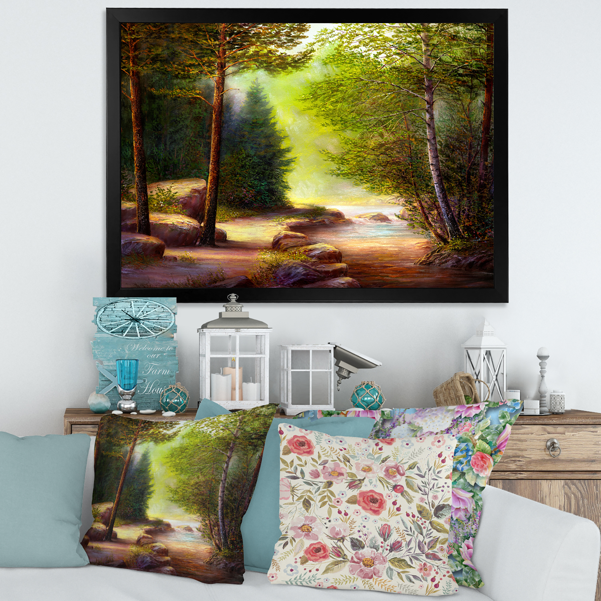 Sunrise Glow Through The Spring Trees 32 in x 24 in Framed Painting Canvas Art Print, by Designart