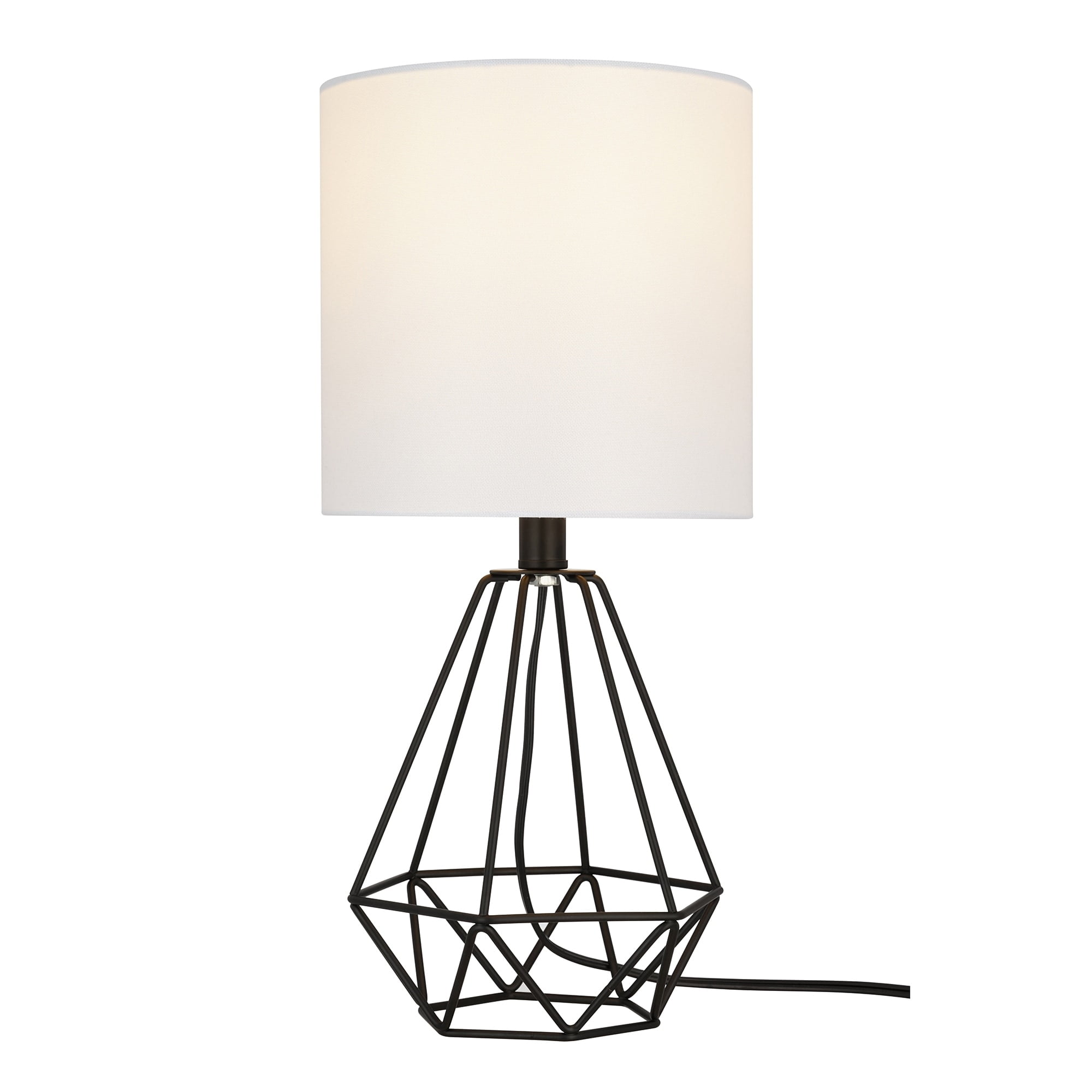 Catalina 18"H Metal Geometric Cage Matte Black Finish Table Lamp with White Linen Drum Shade