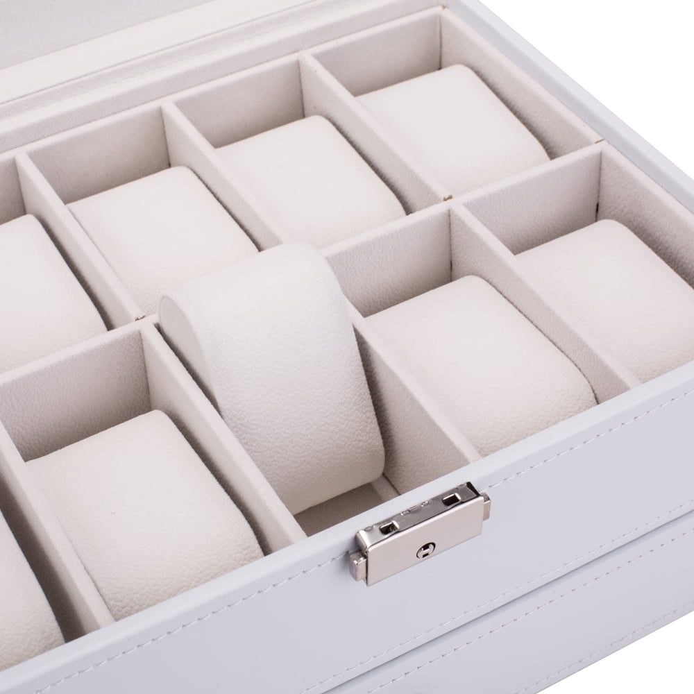 Kepooman 10 Slots Watch Box, Watch Dislpay Box Organizer, Pu Leather with Glass Top, White
