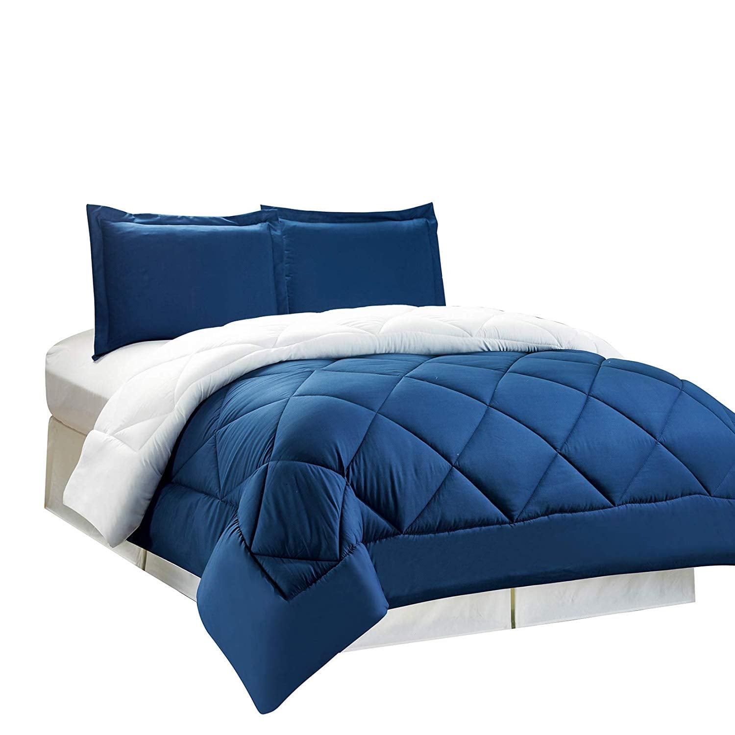 3pc Down Alternative Reversible Comforter Set Navy Blue and White King