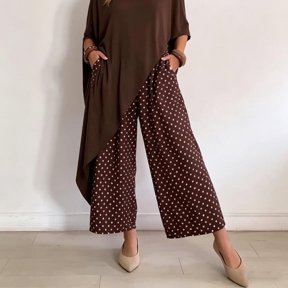 Zivyakyron Travel Crop Pants for Women Summer Boho Palazzo Wide Leg Pants for Women Casual Polka Dot Loose Pants