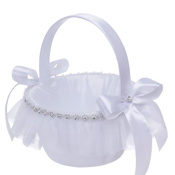 LAMIRO Wedding Flower Girl Basket with Rhinestone Decor White Flower Girl Basket
