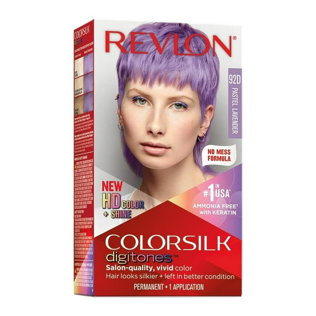 Tinte para cabello Revlon Colorsilk Digitones 92D pastel lavender en caja con imagen de modelo con cabello corto teñido en tono lavanda pastel, fórmula sin amoníaco enriquecida con keratina que ofrece color permanente, brillo HD y control de frizz, ideal para cuidado nutritivo del cabello.