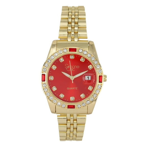 Women's Diamond & Gem Pave Fashion Rolly Timepiece - Colorful Dial w/Date and w/Matching Baguette Bling on Watch Trim - Look Like Da Bomb, When You Dance, Aye! - ST10415 Gold Bright Red