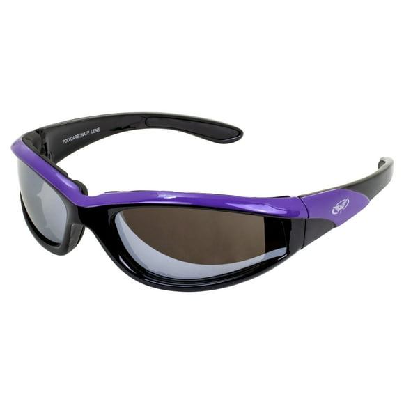 Global Vision Hawkeye Padded Motorcycle Glasses for Women Scratch-Resistant Black-Purple Frame w/Flash Mirror Lens