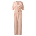 thumbnail image 3 of Aayomet Womens Rompers And Jumpsuits Women's Fashionable Solid Color Double Suit Blazer Collar Flare Sleeve Dress,Pink XL, 3 of 5