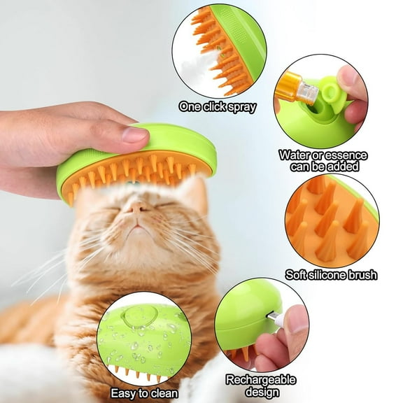 Steamy Cat Brush, 2024 New 3 in1 Cat Steamy Brush With Spray, Pet Steam Brush for Cat Dog Self Cleaning Steam Cat Hair Brush for Massage, Silicone Steam Pet Brush for Removing Loose Hair (Green)4PCS
