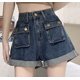 thumbnail image 1 of Pantalones cortos vaqueros con puños para mujer, estilo japonés, holgados, con bolsillos, cintura alta, estilo retro, elegantes, estilo Harajuku, 1 of 6