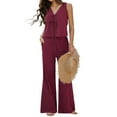 thumbnail image 3 of Womens 2 Piece Outfits V Neck Tie Waist Vest and Wide Leg Casual Pants Sets Deep Wine Red L, 3 of 9