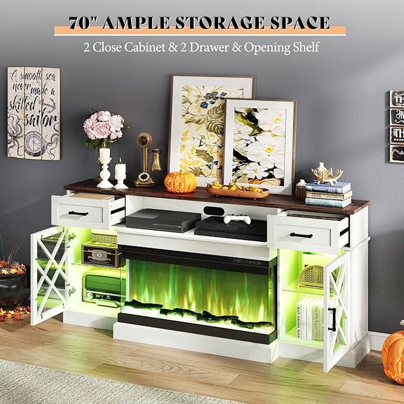 PLAUIN Farmhouse LED Fireplace TV Stand, 3-Sided Glass Fireplace, Large Entertainment Center
