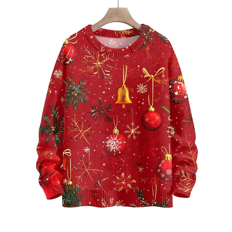 YDKZYMD Womens Cotton Christmas Shirts Sweaters Long Sleeve Xmas Christmas Tree Snowflake Shirts Sweater Knitted Round Neck Oversized Holiday Pullover Tops Vermilion L Walmart