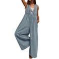 thumbnail image 2 of Womens Denim Jumpsuit Sleeveless Wide Leg Overalls Casual Loose Fit Summer V-Neck Tie Front Jean Romper, 2XL, 2 of 5