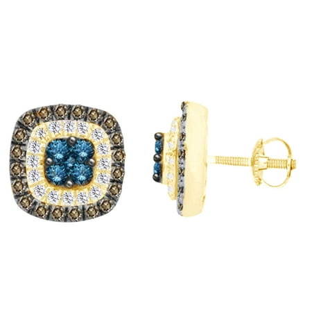 Gold Champagne Diamond Earrings - (1 cttw) Round Cut White,Blue & Champagne Diamond Square Stud Earrings In 10k Yellow Gold