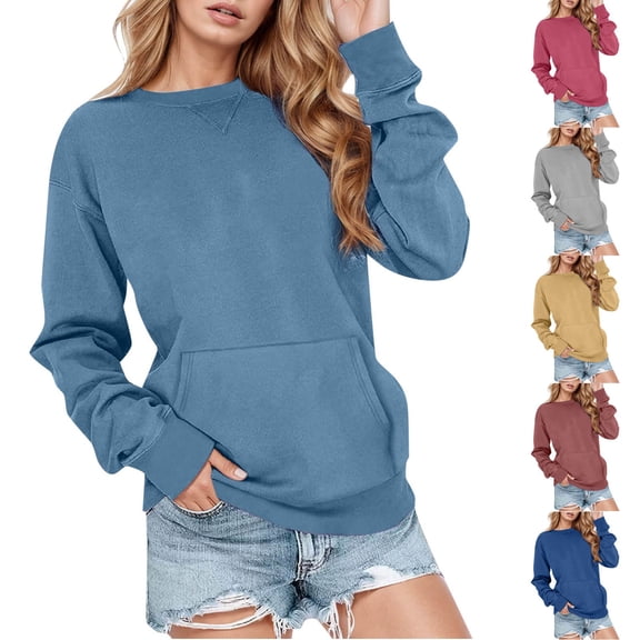 Miaoju Crew Neck Sweatshirt Women with Pockets Casual Plain Comfort Hoodless Hoodies Cozy Pullover Sweatshirts No Hood