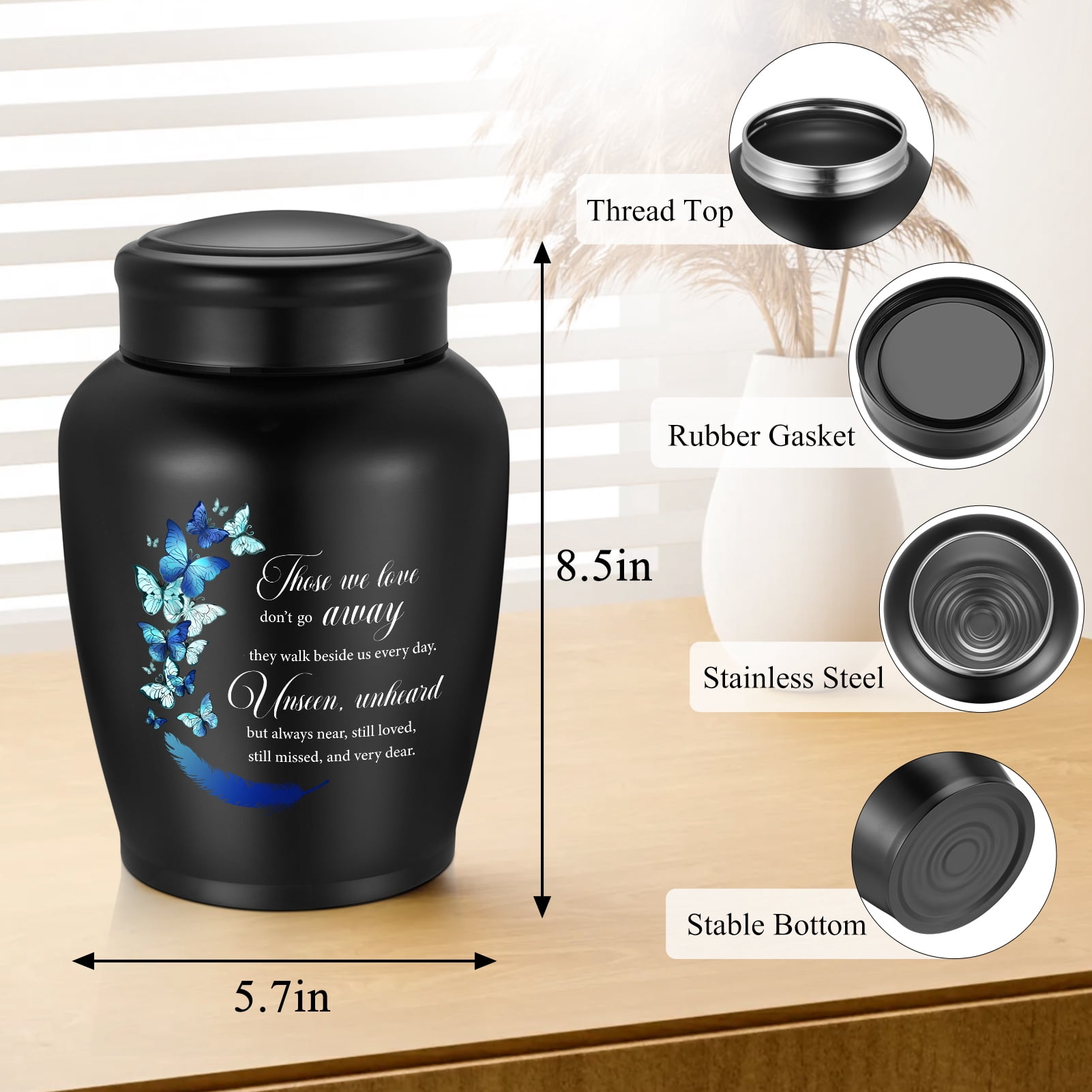 XIUDA Large Stainless Steel Urn for Human Ashes - 8.5 Inch Decorative Funeral Urn, Butterfly Cremation Keepsake for Men Women, Black Memorial Keepsake for Ashes