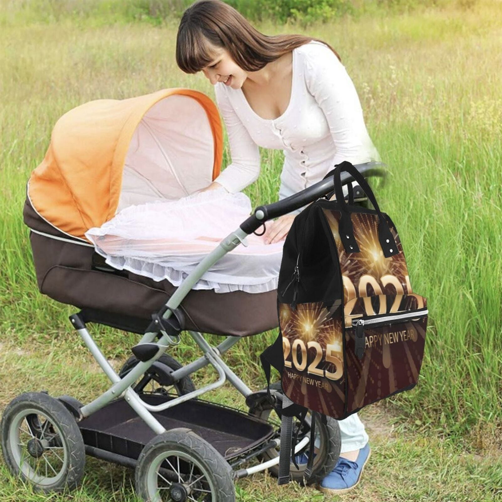 Fuzoiu Happy New Year 2025 B Print Diaper Bag Backpack,Baby Essentials Travel Tote,Multi function Waterproof Diaper Bag, Travel Essentials Baby Bag - Unisex
