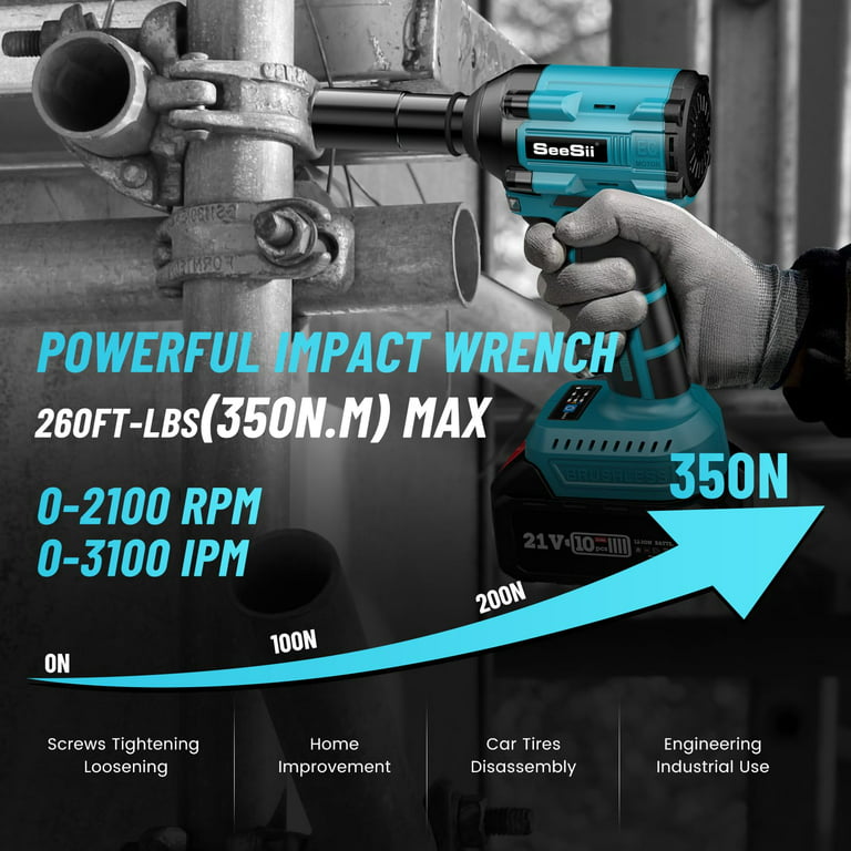 Seesii Cordless Electric Impact Wrench 1/2 inch for Car Home,  580Ft-lbs(800N.m) Brushless, 3300RPM High Torque Gun w/ 2x 4.0Ah  Battery,Charger & 6