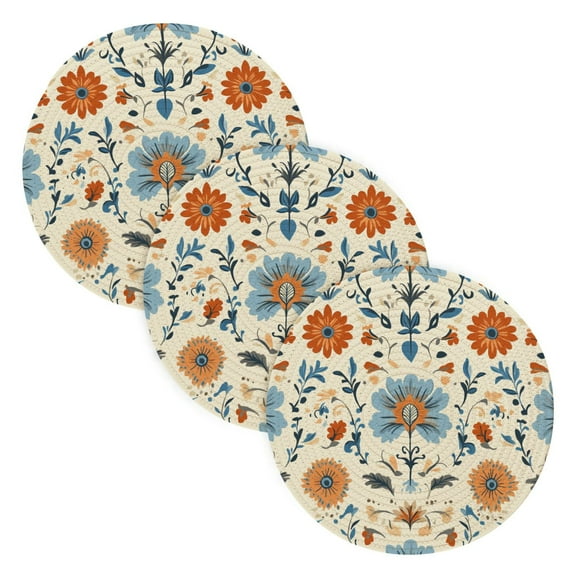 BZSMCE Mats for Pots,Pans Place Design Blue and Orange Flowers Art Print Simple Style Pattern Pot Mats