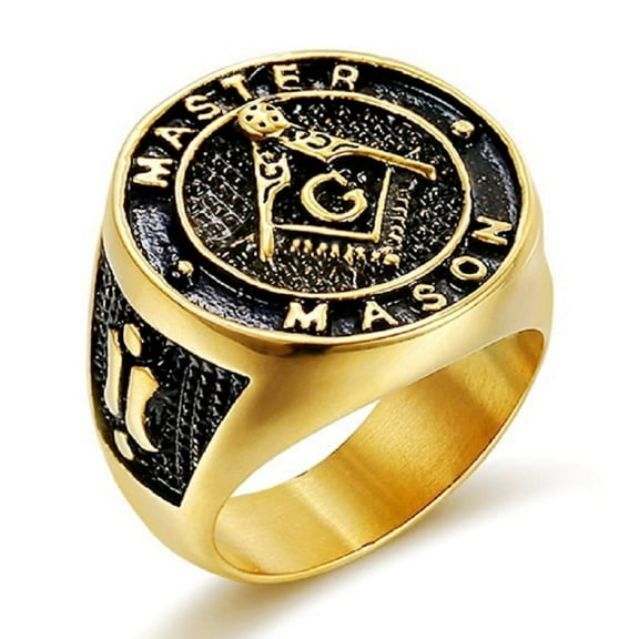 MayiaHey Masonic Master Mason Ring, Freemason Biker Ring for Men, Gold Plated Masonic Symbol Ring Compass Masonic Jewelry, Square Compass Freemason Amulet Ring