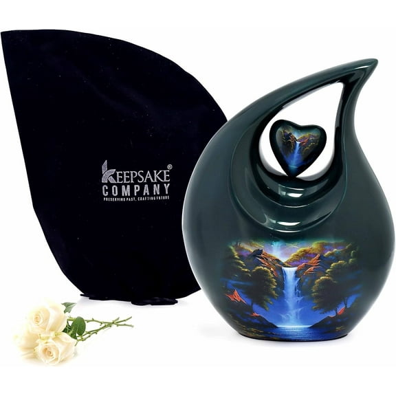 Teardrop Urn Large Green - Blue with Heart for Human Ashes Male - Urns for Adult Men and Women - Cremation Urns for Ash, Funeral/Burial Urns, Decorative and Keepsake ERN, Heart Urn, 2.5 LTR