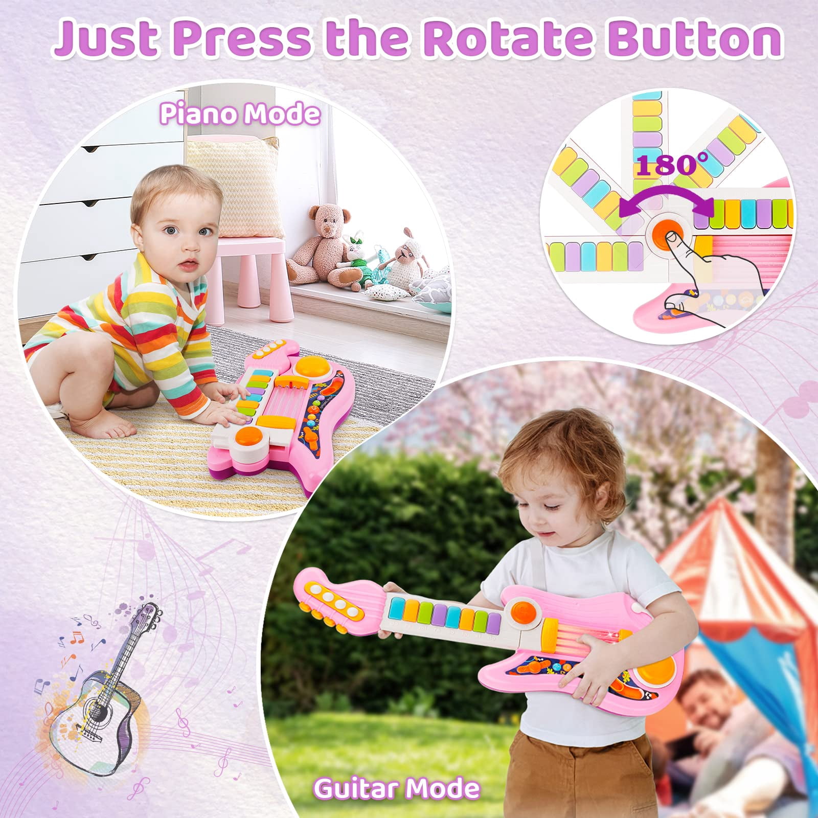Unbranded 2-in-1 Kids Toy Guitar and Piano Keyboard, Foldable Musical Instrument for Toddlers 3-5, Light Up Learning Toy with Infrared Sensors