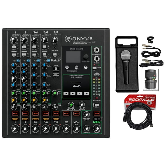 Mackie ONYX8 8-Channel Analog Mixer w/USB/3-Band EQ Bluetooth Microphone Cable