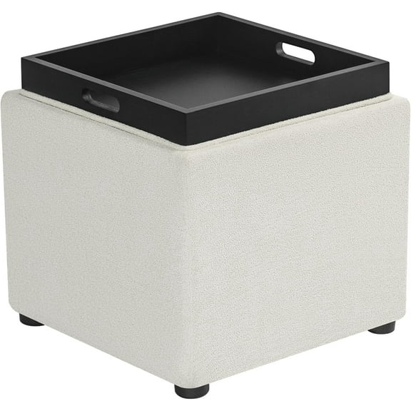 Joveco Storage Square Ottoman with Tray, Small Fabric Foot Rest Stool Cube, Coffee Table for Dorm Living Room Bedroom, White