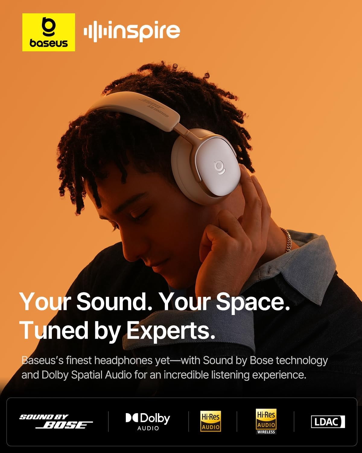 Baseus Inspire XH1 Adaptive Noise Cancelling Headphones, Hi-Res Audio, 100H Playtime, Over-Ear Wireless Bluetooth Headset for Commute, Travel & Calls, White