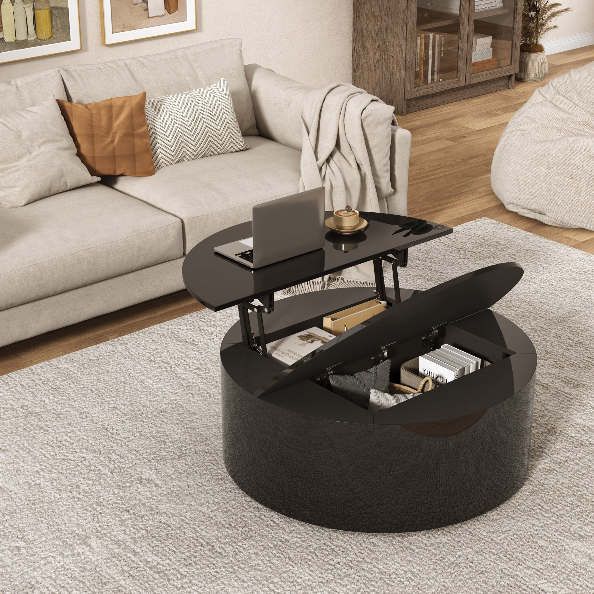 ANPOO Round Lift Top Coffee Table with Storage, Modern High Gloss Coffee Table with Hidden Storage Space, Circular Center Table for Livingroom, Small Space, Small Space, Apartment