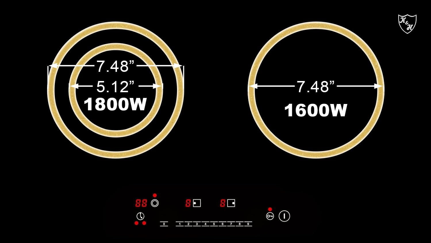 K&H German Designed 2 Burner Dual 24 Inch Built-in Electric Stove Top Radiant Ceramic Kitchen Cooktop Sensor Control 240V 3400W HCC-3402
