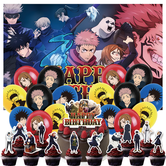 30 Pcs For Jujutsu Kaisen Cartoon Theme Birthday Party Decorations Set,With 5*3ft Birthday Backdrop Decorations,13 Cupcake Toppers,16 Balloons,All-in-One Party Supplies Party Favor Set
