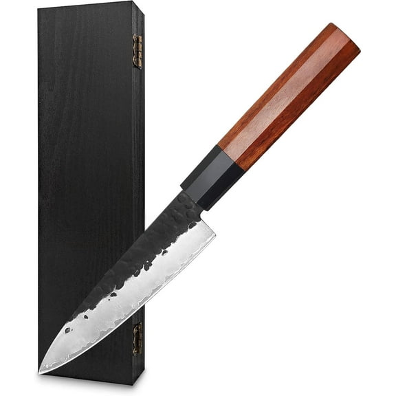 5.5 inch Japanese Hand Forged Paring Knife, High Carbon Steel Fruit and Vegetable Knife, Professional Kitchen Small Knife (Rosewood Handle & Sandalwood Box)