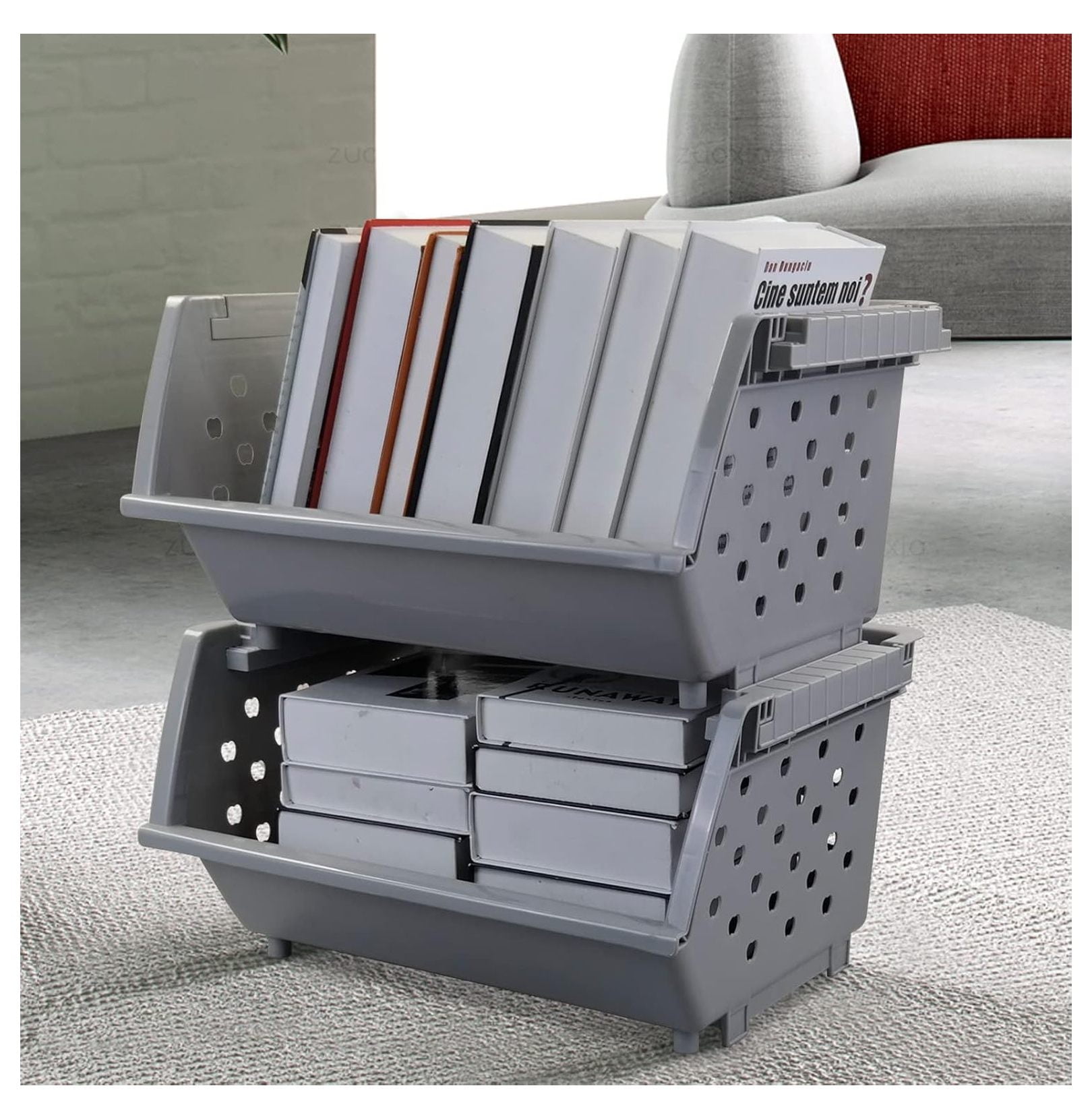 3-Pack Plastic Stackable Storage Baskets, Stacking Organizer Bins, Grey