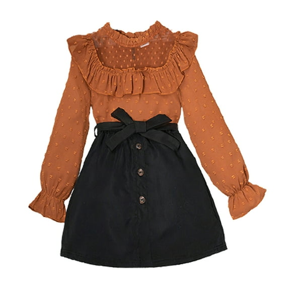 KYAIGUO Kids Girls Skirt Set Lace Splicing Polka Dot Tops Waist Dresses Fall Winter Clothing Outfits for 8-12 Years