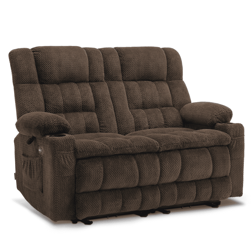 MCombo 57" Power Loveseat Recliner Sofa, Reclining Seating with Heat Vibration for Living Room, Fabric, Brown