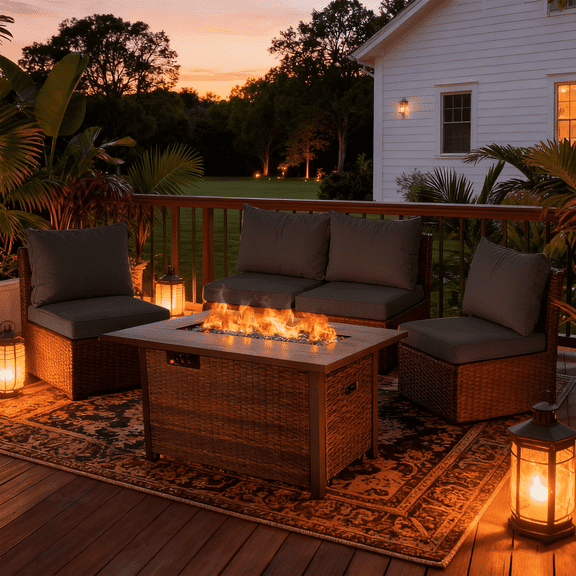TANGJEAMER 5 Piece Patio Furniture Set with Fire Pit Table, All Weather Outdoor Sectional PE Rattan, Patio Conversation Sets with Cushions for Garden Lawn Balcony, Black