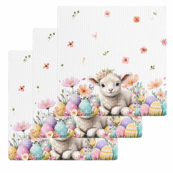 Spring Easter Sheep Kitchen Dish Towels for Drying Dishes Set of 3, Colorful Eggs Floral Botanical Waffle Weave Microfiber Hand Tea Bathroom Towels Quick Dry & Absorbent Towel 12x12