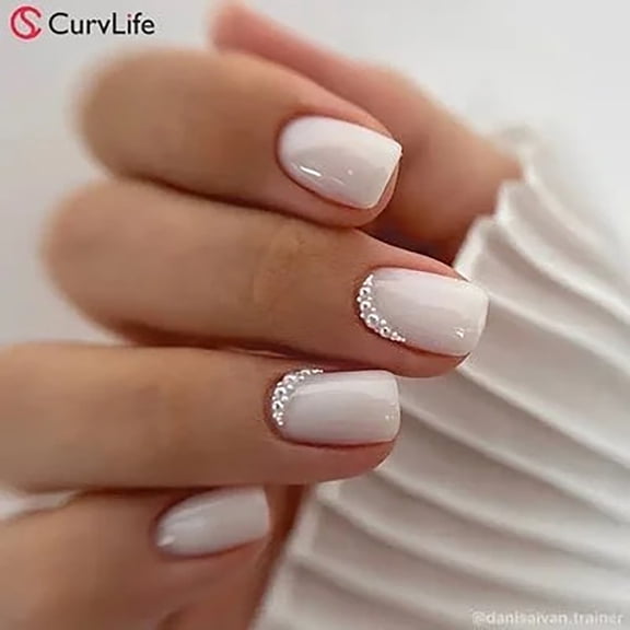 CurvLife Pearl Drizzle Press-On Nails - 30PCS Short Square, Minimalist Solid Color with Sequins