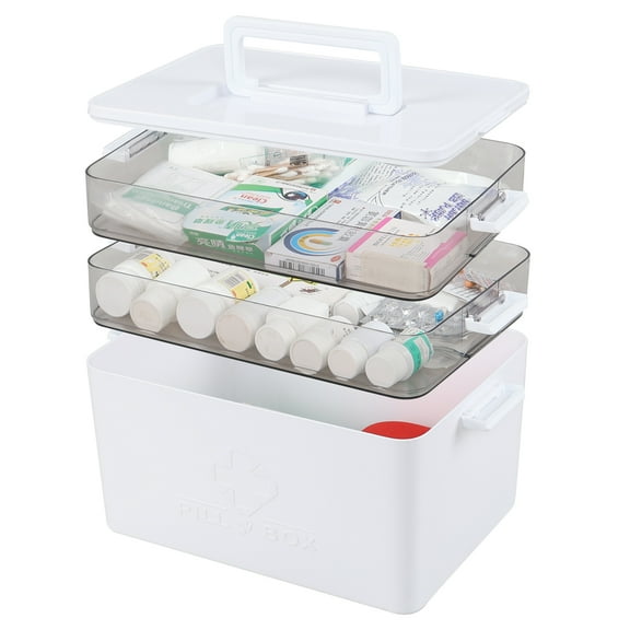 Vareone 3 Tier Portable Medicine Cabinet Organizer, Large Medicine Storage Box with Handle, White