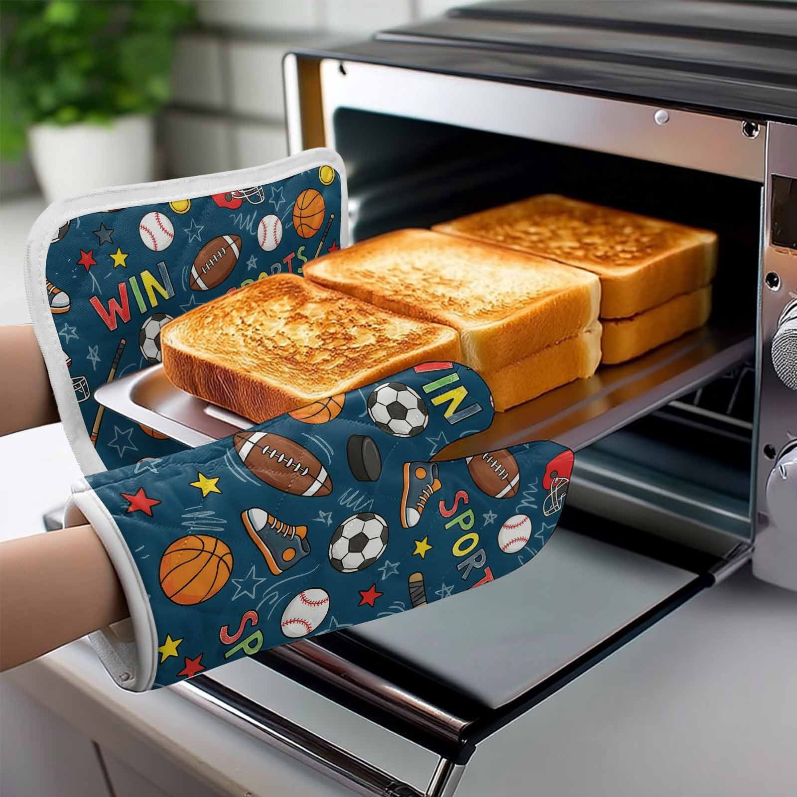 Oven Mitts and Pot Holder Set for Kitchen, Sports Balls Kitchen Oven Gloves Heat Resistance Non-Slip Surface Basketball Football Baseball Rugby Ice Hockey Hot Pads Sets for Cooking Baking BBQ