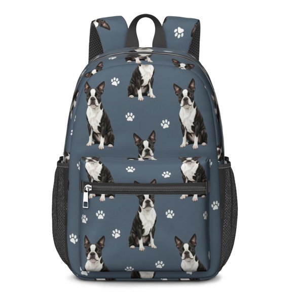 Boston Terrier and Dog Paw Print Blue 17" School Backpacks for Teens,Waterproof Oxford Fabric,S-Shape Padded Straps for School,Travel,Hiking,Camping