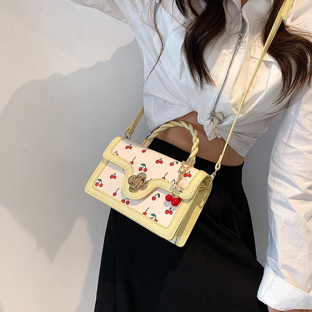 Juoxeepy Crossbody Purse Cute Cherry Print Handbag for Women Shoulder Bag Trendy Satchel Bag Purse with Flap Closure