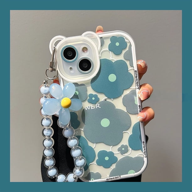 Carcasa De Cadena Compatible Para iPhone 14 Pro Max 13 12 11 X Xr Xs SE 2020 Flor Azul Gris Funda Para Teléfono Orejas De Oso Lente Todo Incluido De Silicona Transparente Trasera