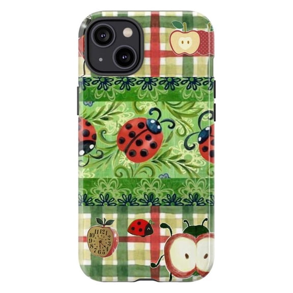 Ladybug and Apple Phone Case, Cute Green Plaid Farmhouse Style iPhone Cover, Vintage Nature Illustration Protective Case for iPhone 17 16 15 14 13 12 11 Pro Max Plus Mini
