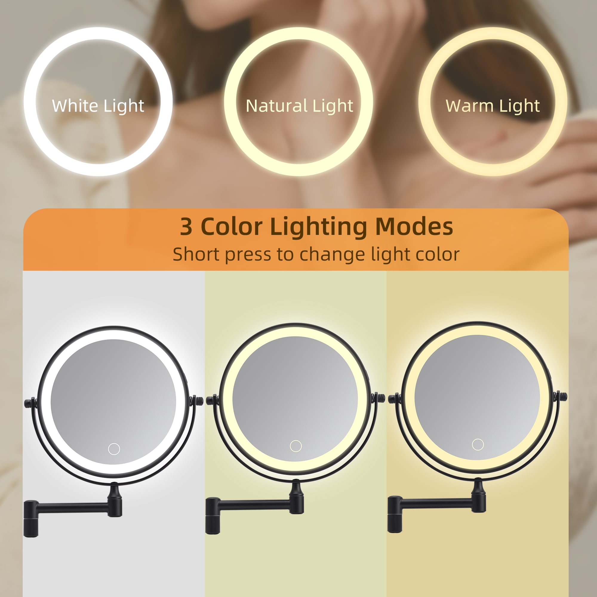 Rechargeable Wall Mounted Makeup Mirror with Lights and 10X Magnification, 360-Degree Swivel Bathroom Vanity Mirror, Black