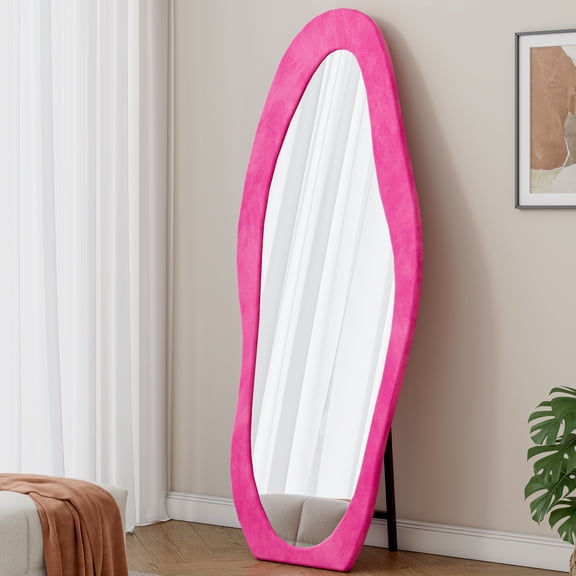 Full Length Mirror, 63" x 24" Floor Mirror/ Wall Mirror, Flannel Wrapped Wooden Frame Floor Mirror, Irregular Wavy Mirror Standing/Halling Large Wall Mirror for Bedroom, Living Room, Dressing Room