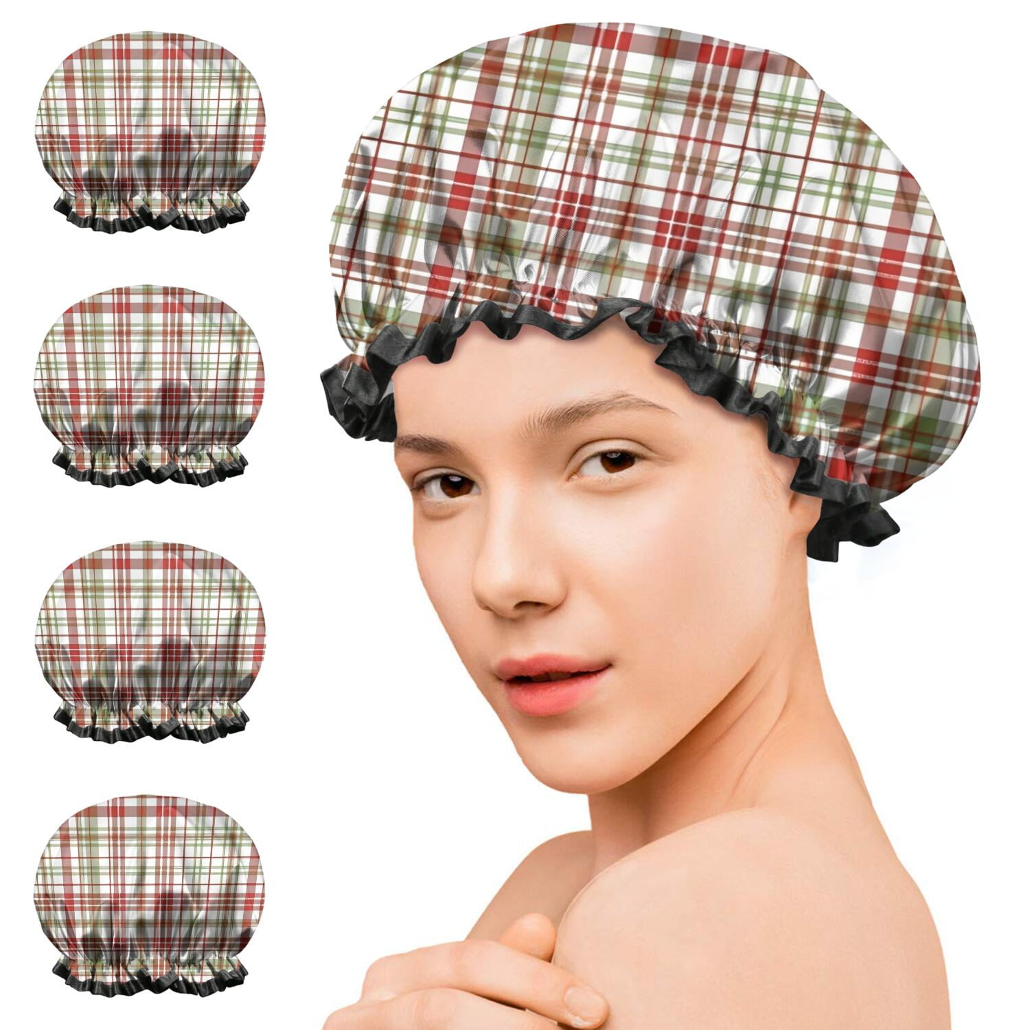 Shower Caps,Multi Color Plaid Checkered Pattern Waterproof Shower Cap for Women 4 Pieces,Double Reusable Hair Cover for Shower PEVA Elastic Stretch Hem