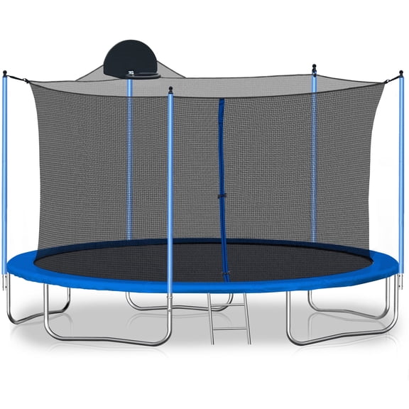 Highsound 12FT Trampoline for Adults/Kids with Safety Enclosure Net, Basketball Hoop and Ladder, Heavy Duty Outdoor Recreational Trampolines for Family, Easy Assembly